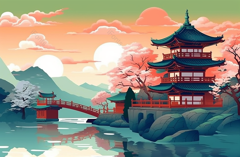 春天中国风古城的场景中国古典插画背景,插画/手绘图,插画/手绘图库,插画/手绘图下载,插画/手绘